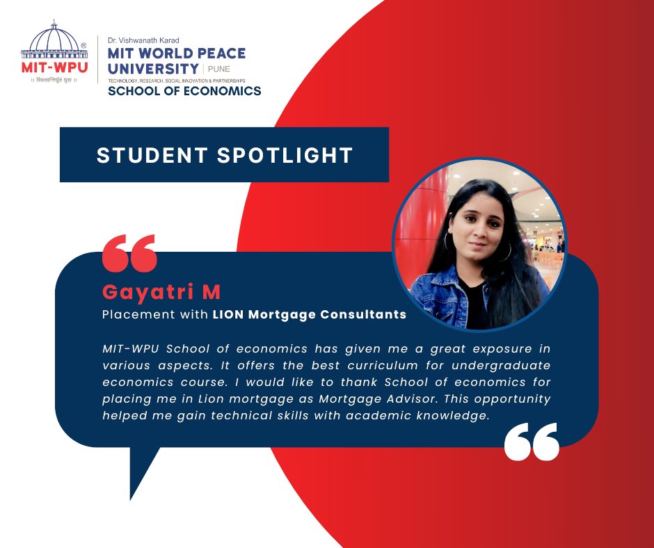 MitWpu's tweet photo. Ms. Gayatri M expresses her gratitude towards MIT WPU School of Economics for giving her great exposure and providing her with opportunities to excel in. 
She has been successfully placed with the international company Lion Mortgage Consultants. https://t.co/y3CWXUo7qS