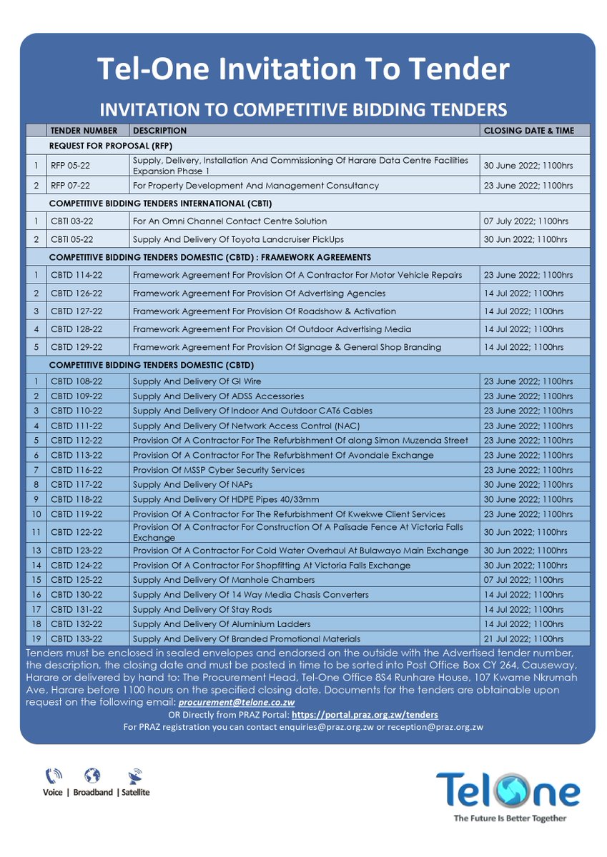 TelOneZW's tweet photo. Invitation to Competitive Bidding Tenders. Visit https://t.co/B23NCjP4h7 to get more information. https://t.co/EQwiQx0mp5