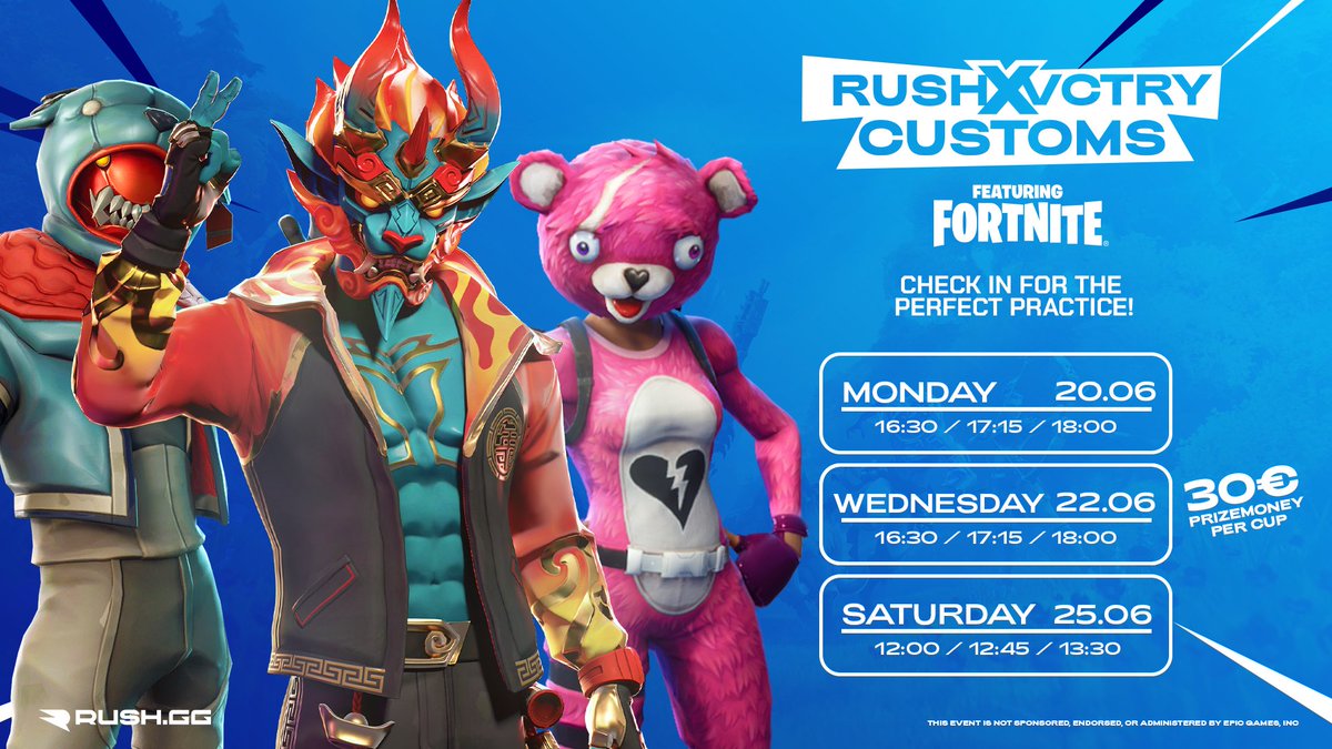 RUSHGGFortnite's tweet photo. Hot Monday #Fortnite players eh?🌞♨️
Wanna practice for Friday?🧠
Our @VCTRYEsports customs are up again this week!
Follow @RUSHGGFortnite (on IG too🤝) for weekly updates &amp; content!👈

📅 MON / WED / SAT 
⏰ 16:30 or 12:00 CEST 
💶 30€ EACH GAME!🤑
🌍 https://t.co/JEfSGHIPVT https://t.co/2nW1obENio