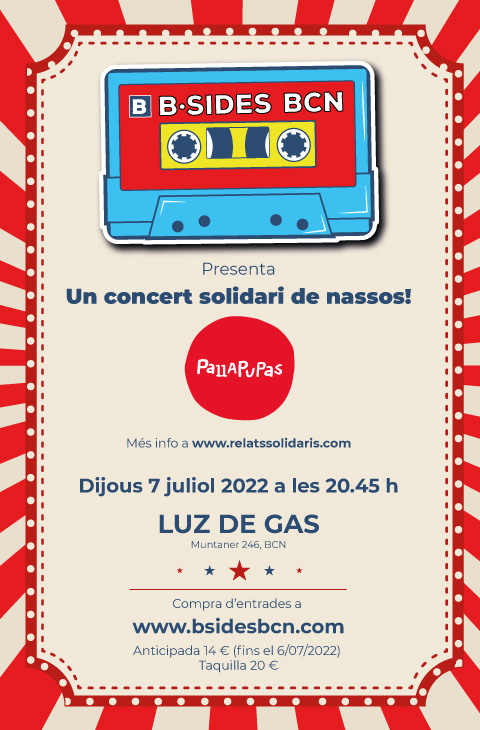 I continuant amb els concerts benèfics 👉 dijous 7 juliol 20:45h <a href="/Pallapupas/">Pallapupas</a> <a href="/RelatsSolidaris/">Relats Solidaris</a>  amb l'actuació de <a href="/bsidesbcn/">The B-Sides</a> 🎶🎶👏👏
Entrades a la venda 🎟 bit.ly/3xCy0s1