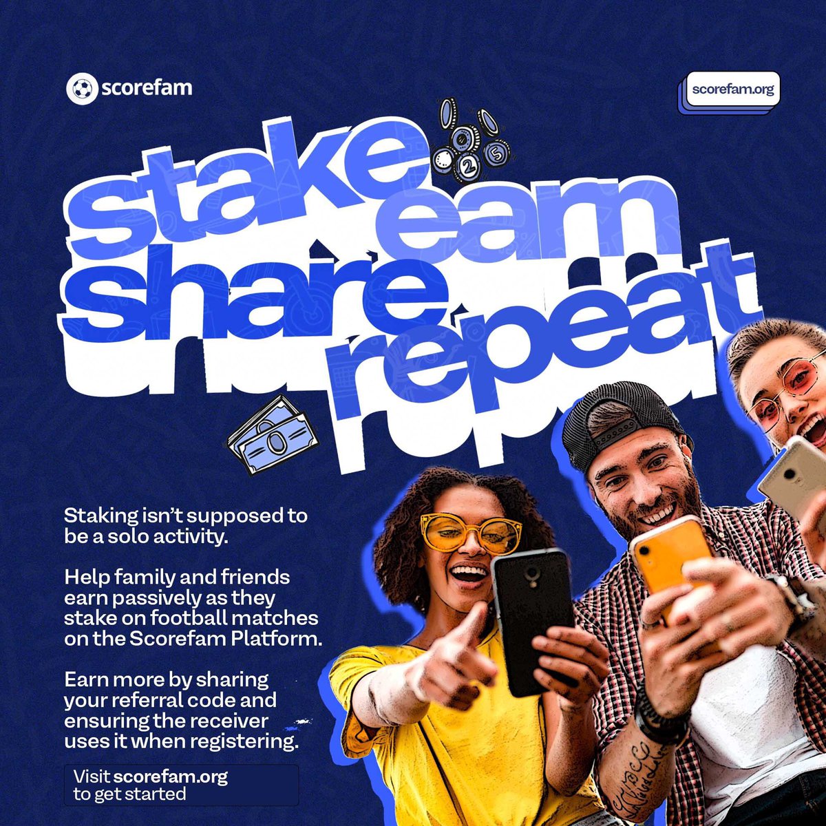 scorefam_io's tweet photo. Referring your friends to stake on Scorefam is another way to increase your referral points and earn extra $SFT.

Winning should never be solo, invite your close friend and family to join the Scorefam platform, stake and earn 💰

$SFT 🚀 https://t.co/bhIcxUqlJC