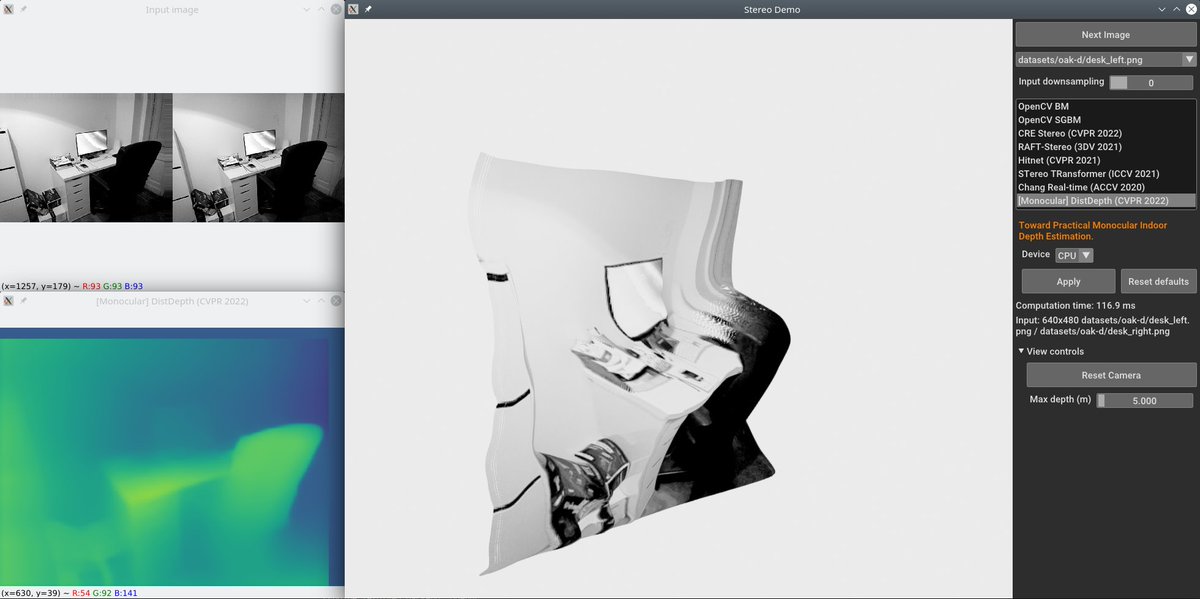 nburrus's tweet photo. @luxonis Just added DistDepth (CVPR 2022) https://t.co/UwLbkx0SAs . It is a monocular method and thus only uses the left image, but still interesting to see how it compares to the stereo methods. `pip install --upgrade stereodemo` to try it. https://t.co/UaHlrxeBiI
