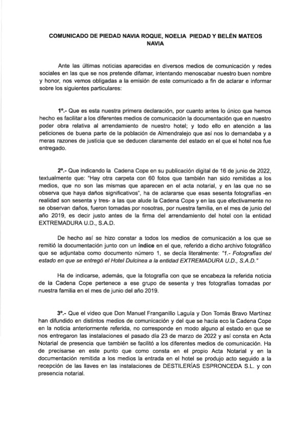 copealmendralej's tweet photo. La propiedad del hotel Dulcinea comunica que ha interpuesto una querella criminal contra al Extremadura UD y Franganillo "por la presunta comisión de delitos de apropiación indebida y daños" en torno "al estado en el que se nos entregó el hotel" https://t.co/zryXlCLgat