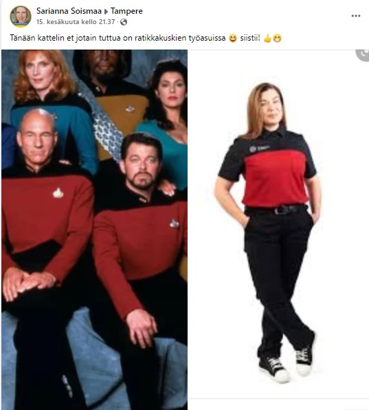 Mitä yhteistä on Star Trekin hahmoilla ja Tampereen Ratikan työntekijöillä? Tyylikkäät, punamustat asut sopivat niin Star Trekin kuin Tampereen Ratikan tähdille ❤🖤 Kiitos Sariannalle vinkistä. Postaus on jaettu hänen luvallaan. 
<a href="/TampereRatikka/">Tampereen Ratikka</a>
#imagewear #työvaatteet #startrek