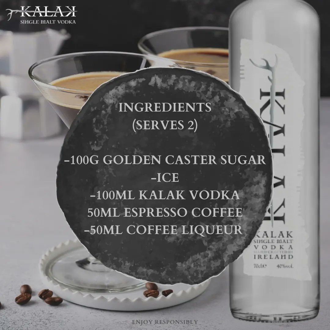Let's keep celebrating.

Put caster sugar in a pan over a medium heat, pour in 50ml water. Stir, and bring to the boil.

Turn off the heat and allow the mixture to cool.

Pour 1 tbsp into a cocktail shaker with ice, Kalak Vodka, espresso and coffee liqueur. Shake. Strain. Serve.