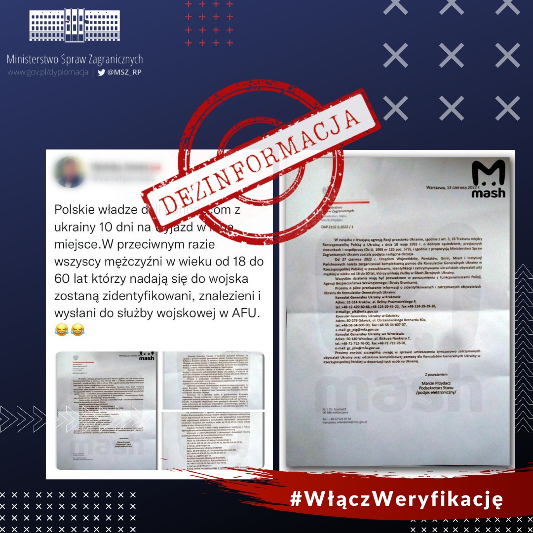 MSZ_RP's tweet photo. Pojawiające się w mediach społecznościowych wpisy, według których Ukraińcy 🇺🇦 w wieku 18-60 lat mają być deportowani z Polski to dezinformacja. 

Fotografie mające potwierdzić te tezy zostały sfałszowane, a przedstawione dokumenty są nieprawdziwe.

#WłączWeryfikację https://t.co/7gWGpgqHch