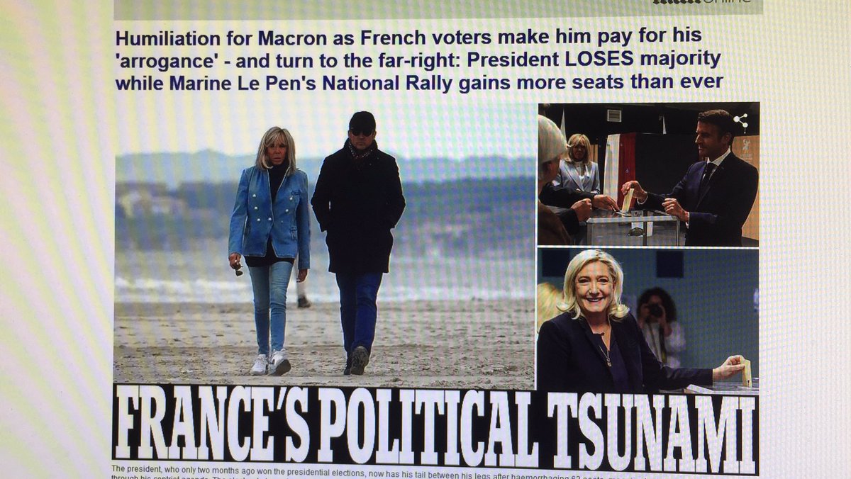 La claque prise par #Macron et #LREM vue de l’international (dailymail) PRICELESS 🙏🏻 en effet il est indubitable que les électeurs lui font payer son arrogance, il est temps qu’il récolte ce qu’il a semé 👍🏻👍🏻 #electionslegislatives2022 #AssembleeNationale