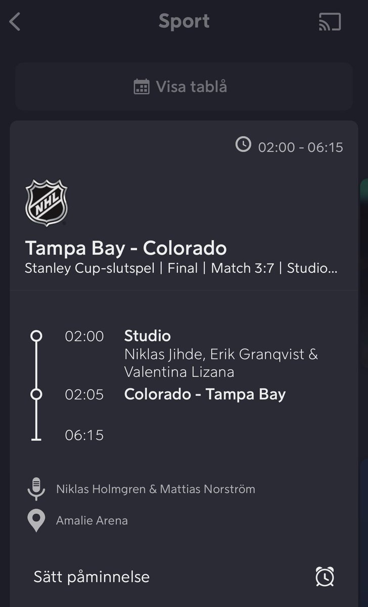 Nyckelmatch mellan världens två främsta hockeylag inatt. Vi öppnar SC-studion 02.00 på TV10/Viaplay för intensiv bevakning av Tampas försök att att hitta in i finalserien mot Colorado. Välkomna! <a href="/Niklas_Holmgren/">Niklas Holmgren</a> <a href="/FreeHappyHabits/">Erik Granqvist</a> <a href="/ValleLizana/">Valentina Lizana</a> <a href="/pasen22/">Håkan Södergren</a> <a href="/Lindquistik/">Jonatan Lindquist (account paused)</a> <a href="/carlssonerica91/">Erica Carlsson</a>
