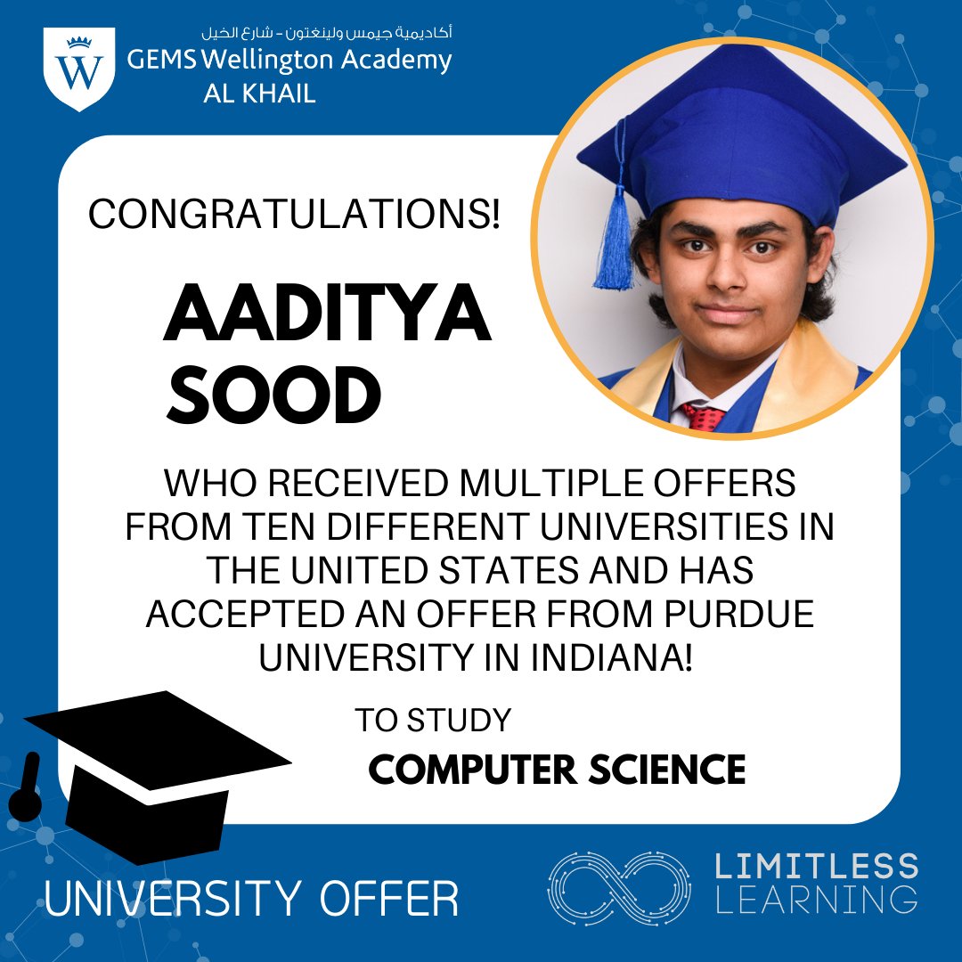 gems_khail's tweet photo. After receiving offers from 10 different US colleges, Aaditya Sood is off to Purdue University, voted one of the Top 10 most innovative universities in America. Congrats!!

#weksuccess #WEKSixth #universityoffer #LimitlessPossibilities @LifeAtPurdue @GEMS_ME https://t.co/ZPsNKkSiqT