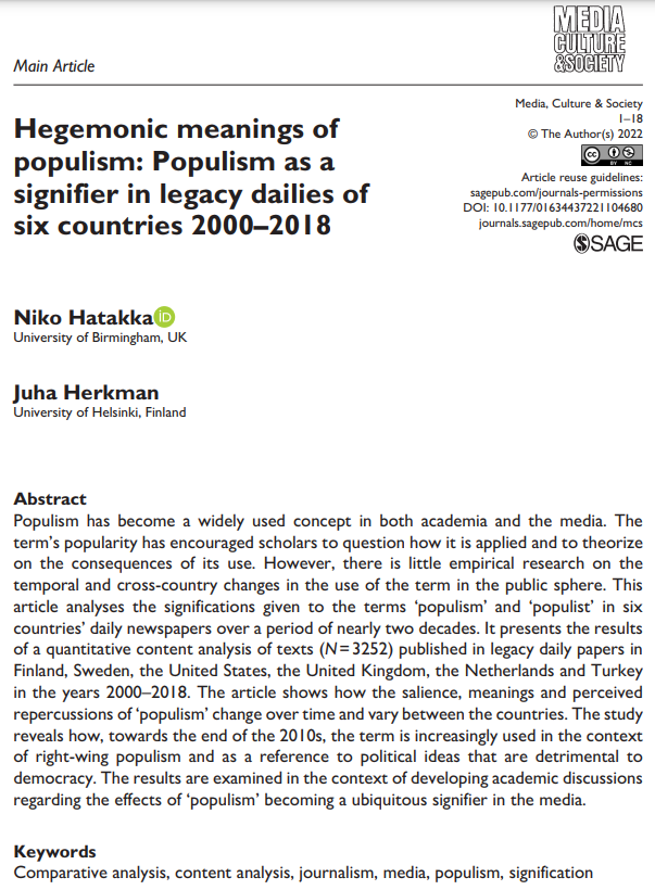 Our article on the meanings of #populism during the 21st century in 🇫🇮🇸🇪🇺🇸🇬🇧🇳🇱🇹🇷 has now been published in <a href="/MCSjournal/">MCS Journal</a> And, it's open access! journals.sagepub.com/doi/full/10.11…
