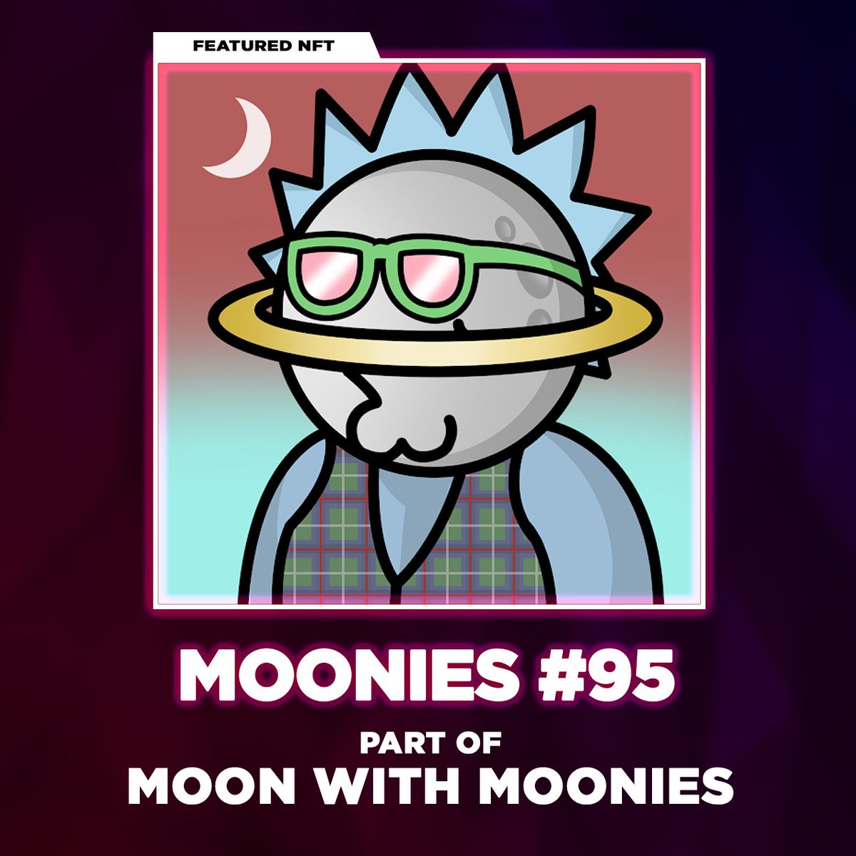 TokenHunt's tweet photo. That hair looks so familiar!! Is anyone here watching Rick n' Morty???? 🤔
 
For the Random NFT of the day, meet the Moonies #95  with the yellow ring and green shades! 🕶
 
💡 Moonies is a generative NFT project with 8,888 avatars!!
 
#NFTCommunity https://t.co/r9C42wHmQo