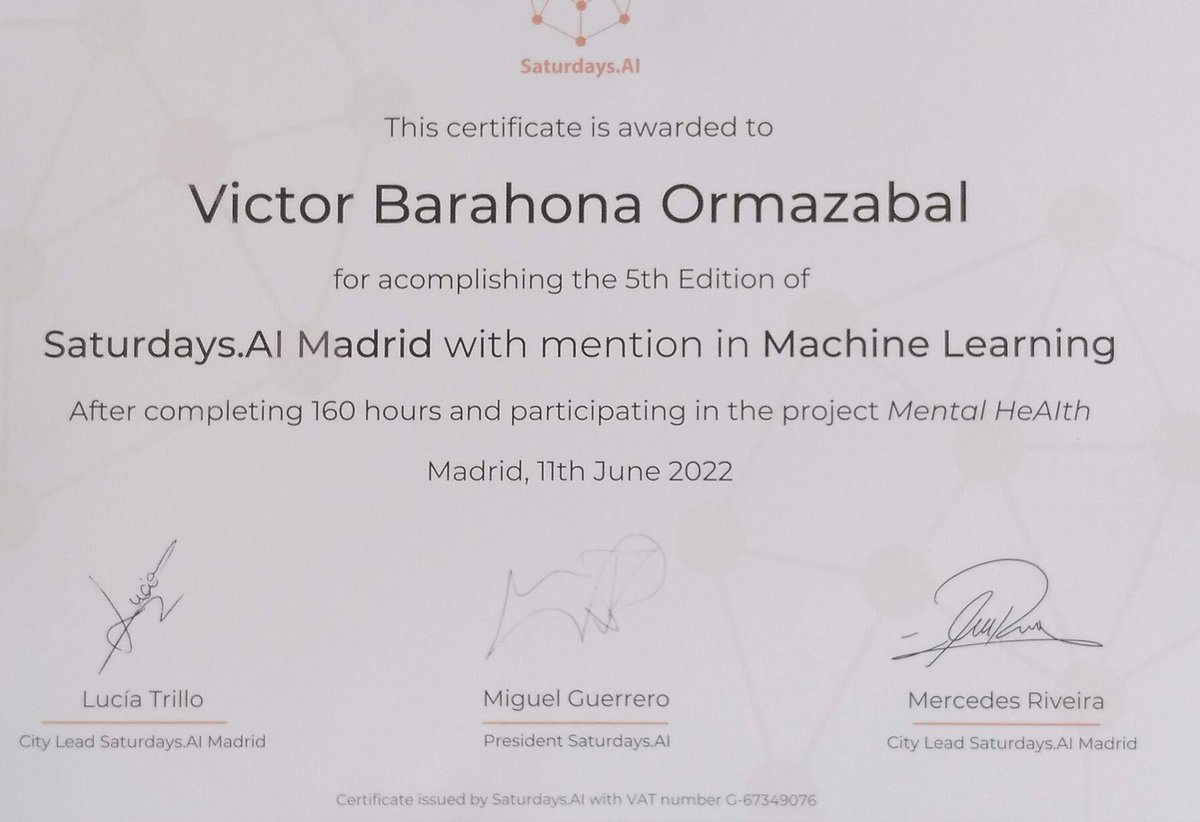 Hace ya una semana que he terminado este excelente curso de <a href="/AISaturdays_ES/">SaturdaysAI 🤖👩‍💻</a> que recomiendo a quien quiera adentrarse en el mundo de la inteligencia artificial. Seguimos!

 #ia #python #machinelearning #bootcamp #inteligenciaartificial