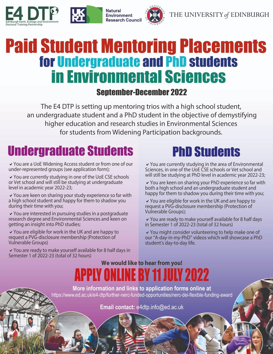 Now recruiting for UoE UG WA mentors/tees and #PhD mentors in🌳Environmental Sciences☀️for our #NERC-funded EDI #Mentoring groups in Semester 1 of 2022-23. Apply by 11 July. All info ➡️bit.ly/3b9Ax5w⬅️<a href="/GeosciencesEd/">School of GeoSciences @ University of Edinburgh</a> <a href="/geo_outreach/">Geoscience Outreach</a> <a href="/eusaactivities/">EUSA Student Opportunities</a> @UoE_Doc <a href="/uofedcareers/">University of Edinburgh Careers Service</a>