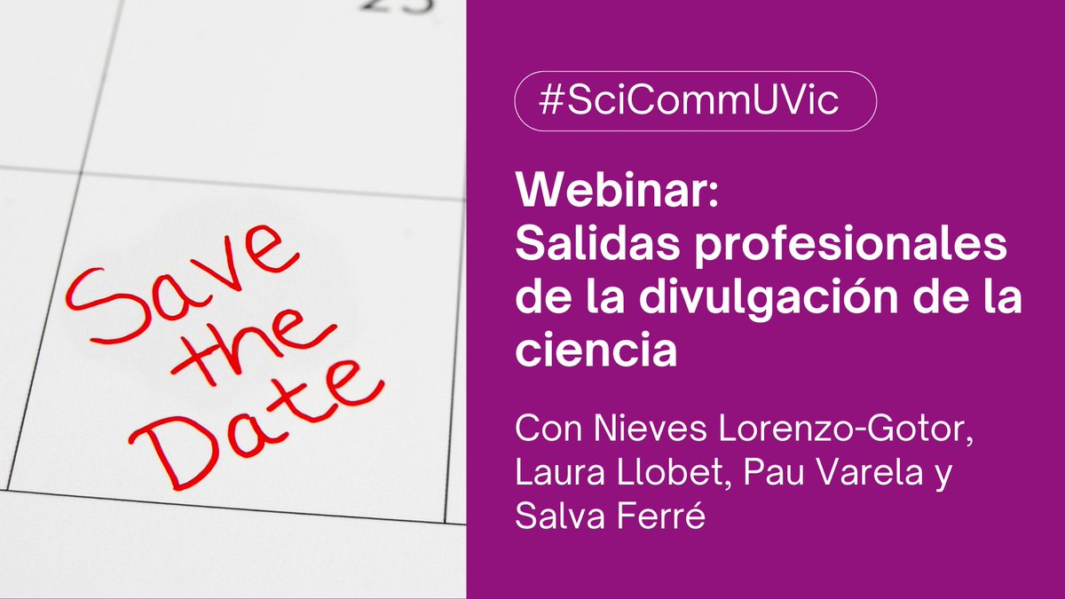 ¿Quieres conocer, a través de casos de éxito del postgrado #SciCommUVic contados en primera persona , las salidas professionales que tiene la #ComunicaciónCientífica? 

#SaveTheDate 
🗓️ Jueves 30/6, 18:30h
🖱️ Online
🔗 Inscripción: tuit.cat/229JQ

Con: 
👇