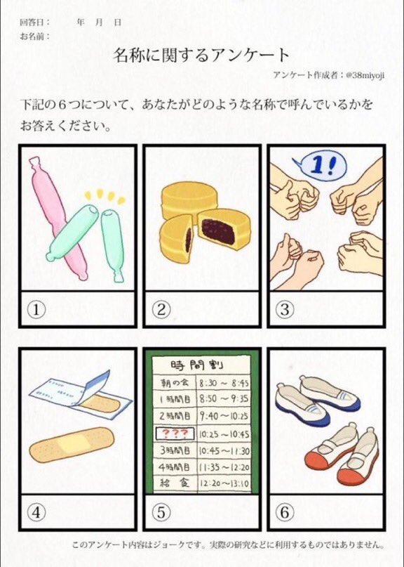 #名称に関するアンケート
①チューペット
②今川焼き
③これ
④絆創膏
⑤(……こんなのなかったぞ)
⑥体育館シューズ 