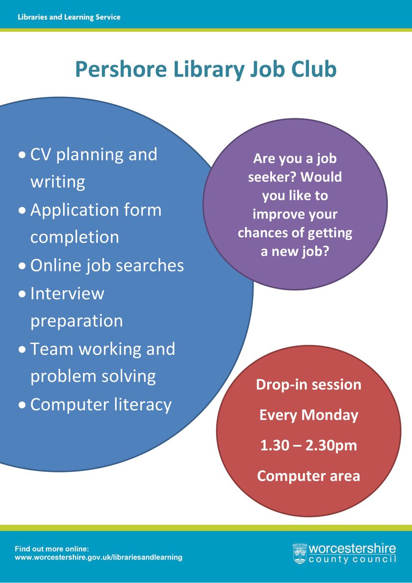 gemma_job's tweet photo. Don't forget, JOB CLUB @Pershore Library every Monday from 1.30pm to 2.30pm - Come along to speak to the Job Coaches and learn how they could help you. 
#WeWorkTogether #WeMakeThingsBetter #WeDoTheRightThing #Fusion #BBO https://t.co/YWHvsKYWbe