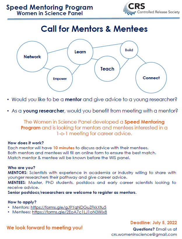 CRS Women in Science (@crs_wis) on Twitter photo We are putting together a speed mentoring event at the <a href="/CRSScience/">Controlled Release Society</a> Annual Meeting in Montréal, but for that we need mentors and mentees! See all the info below and register by 5th July on these links:
Mentors: forms.gle/gJ9YqNDGuZFkkX…
Mentees: forms.gle/2EoA7c1LJ1oN3W… We are putting together a speed mentoring event at the <a href="/CRSScience/">Controlled Release Society</a> Annual Meeting in Montréal, but for that we need mentors and mentees! See all the info below and register by 5th July on these links:
Mentors: forms.gle/gJ9YqNDGuZFkkX…
Mentees: forms.gle/2EoA7c1LJ1oN3W…