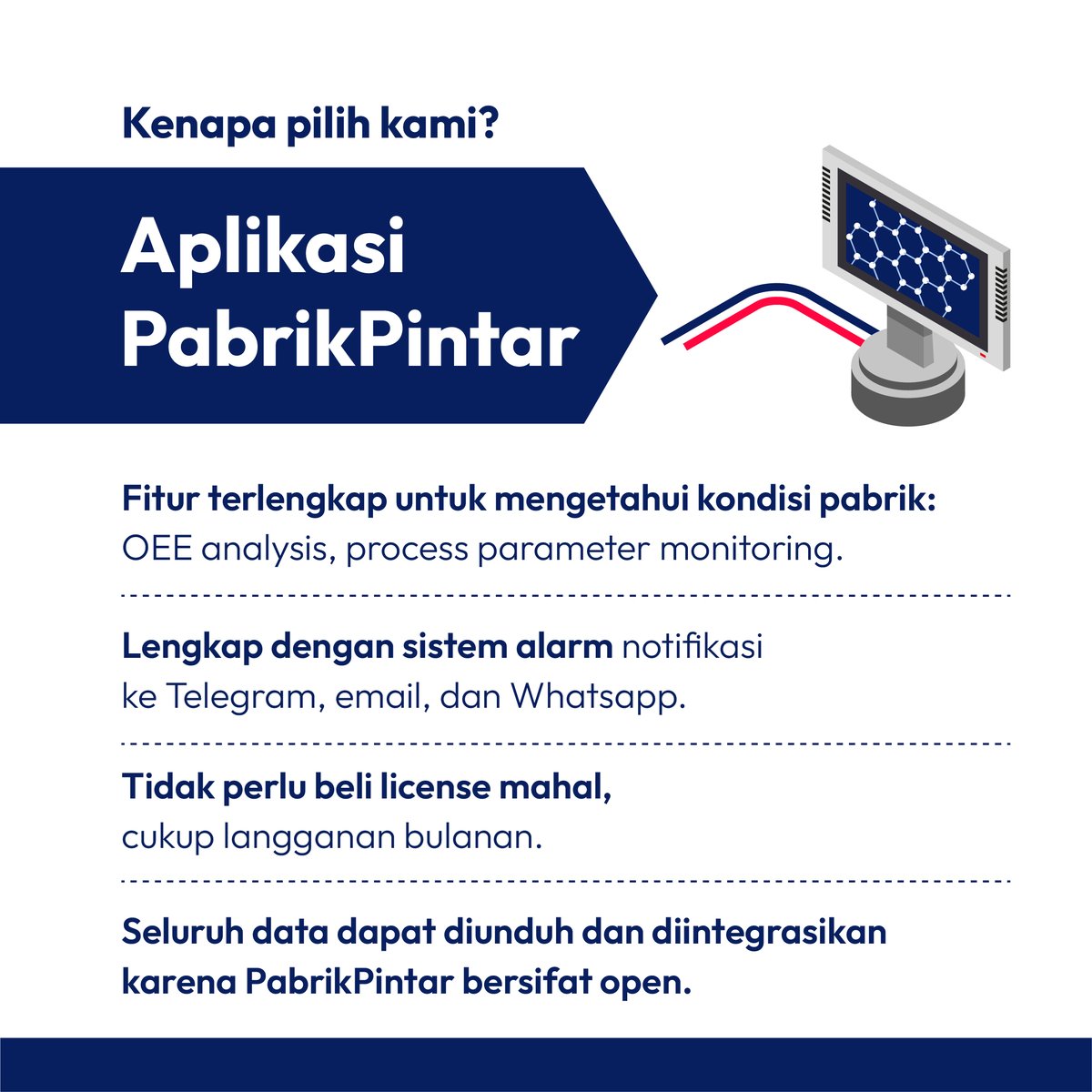 PabrikPintar's tweet photo. Dengan fitur lengkap di dalam aplikasi pabrik pintar, temukan hasil OEE analysis, process parameter monitoring, lengkap dengan sistem alarm notifikasi ke Telegram, email dan WhatsApp. https://t.co/mNOZh8Nw56