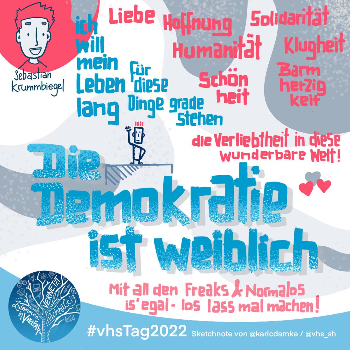 Ganz starke musikalische Einlagen von Sebastian Krummbiegel auf dem #vhsTag2022! Hier #sketchnotes von "Die Demokratie ist weiblich."
