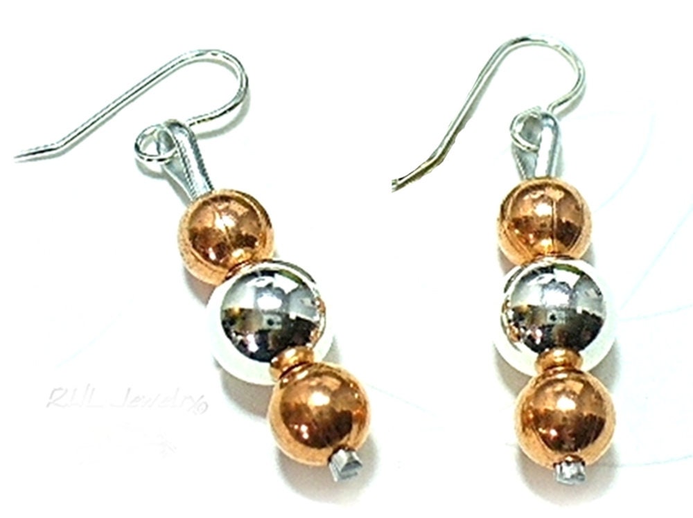 Copper and Silver Mixed Metal Earrings, Copper Ball Dangles, Sterling and Copper Jewelry tuppu.net/68317df1 #ChakraBracelets #SterlingSilver #AngelBracelets #EdgyEarrings