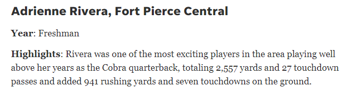 FPCentralFlagFB's tweet photo. The Cobras were well represented in @TCPalm's All-Area teams. Congratulations to @alexiahcruz_ and @Adrienne_358 on their 1st Team selections and to Serenity Logsdon @WhitneyyD1 @ariwilli9 @allexandragg for making 2nd Team/Honorable Mention! 5 of 6 are returning next year 💪💪💪 https://t.co/Xchhcy3jWt