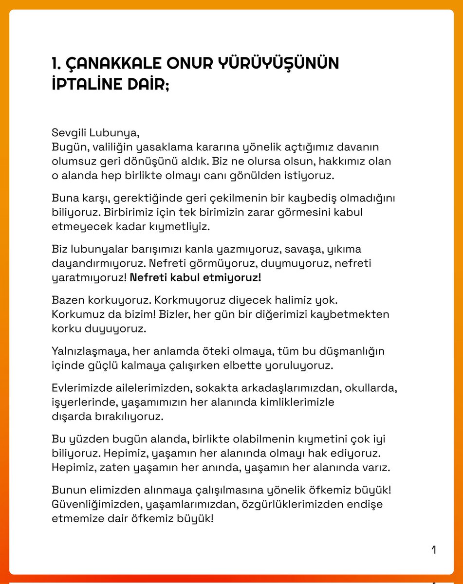CanakkaleMuaf's tweet photo. 1. ÇANAKKALE ONUR YÜRÜYÜŞÜNÜN İPTALİNE DAİR;

Bu süreçte yanımızda olan, bizlerle dayanışan tüm kurumlara teşekkür ederiz. Dayanışma yaşatır! https://t.co/HFypyhZc0a