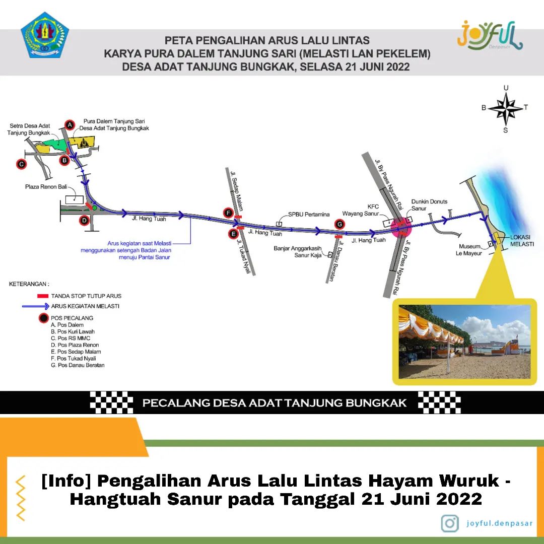 DenpasarKota's tweet photo. INFO PENGALIHAN ARUS LALU LINTAS]

Peta pengalihan arus lalin jalur hayam wuruk sampai hangtuah sanur pada tanggal 21 juni niki terkait upacara melasti Karya agung pura Dalem Tanjung Sari Desa Adat Tanjung Bungkak.
#tanjungbungkak #odalan #budaya #bali #denpasarkota #infolalin https://t.co/y3TiT3BAdU