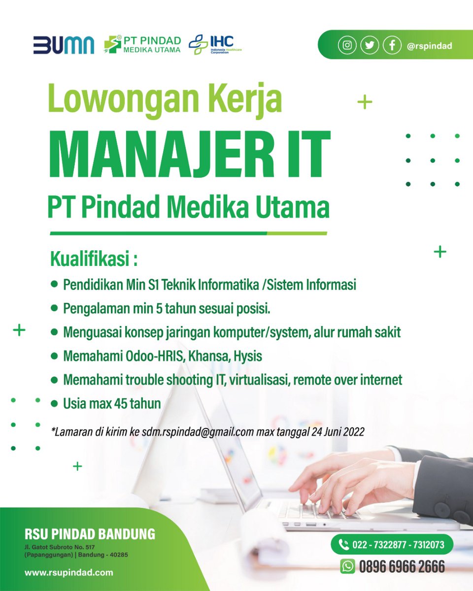 RSPindad's tweet photo. INFORMASI LOKER
MANAGER IT

Hai sabahat RSU Pindad ayo bergabung bersama kami, ayo kirim lamaran sesuai persyaratan berikut :

Manajer IT 
PT Pindad Medika Utama https://t.co/7jKw306fSK
