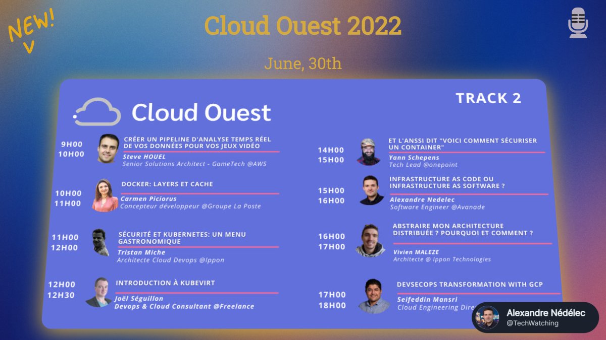 I'm happy to announce that I will be speaking <a href="/CloudOuest/">Cloud Ouest</a> on June 30th about Infrastructure as Code and Infrastructure as Software. 
Get your free ticket here ➡️ billetweb.fr/cloud-ouest-20…
Full agenda ➡️ cloudouest.fr
#cloudouest #IaC #InfrastructureasSoftware #pulumi