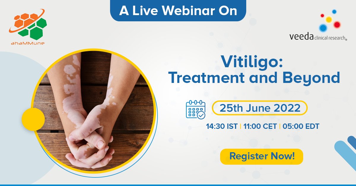 #Vitiligo is a common autoimmune skin disorder that affects almost 1 percent of the population globally.
On this #WorldVitiligoDay, we are excited to announce a live webinar on ‘Vitiligo: Treatment and Beyond’ organized by <a href="/Ahammune/">Ahammune Biosciences</a>

Register Now - forms.gle/C3hbAJWnLZve42…

#Veeda