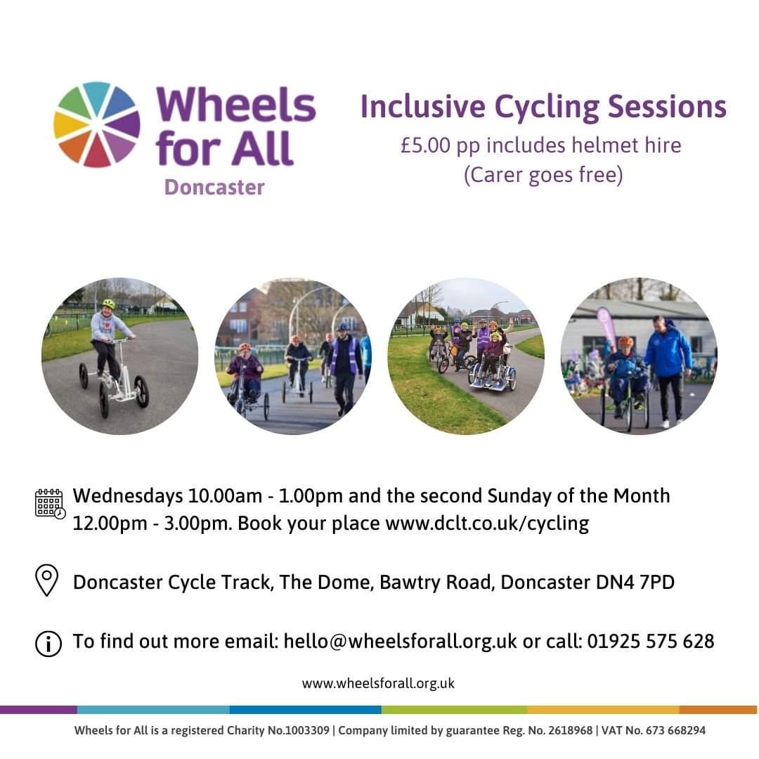 WFASheffieldCR's tweet photo. We still have availability for this Wednesdays Wheels for All Doncaster session, book your place at https://t.co/U8sqLVHiZ7 (don't forget our next weekend session is 10th July) #weridetogether #wheelsforall #doncaster https://t.co/CYM0aXpBZr