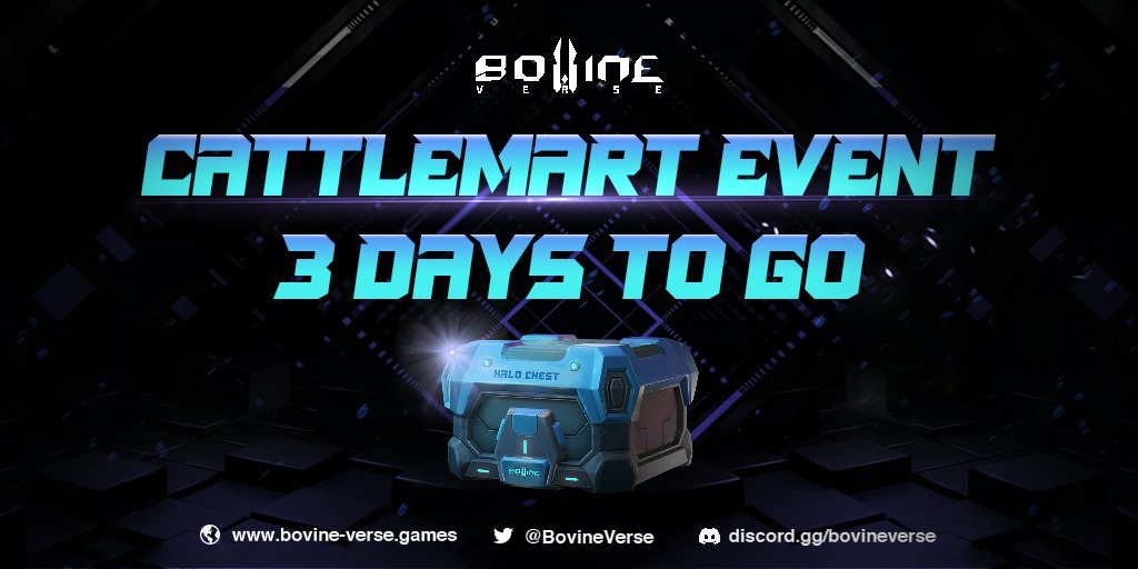 The much-awaited CattleMart Event is finally scheduled for 𝐉𝐮𝐧𝐞 𝟐𝟑😝To warm up the event, we give away OAT and:

🎁10 WL &amp; BVG reward

To enter:
1⃣ Follow <a href="/BovineVerse/">BovineVerse Official</a>, RT &amp; Like
2⃣ Fulfill the tasks in the link:
🔗galaxy.eco/BovineVerse/ca…

#Crypto #Blockchain