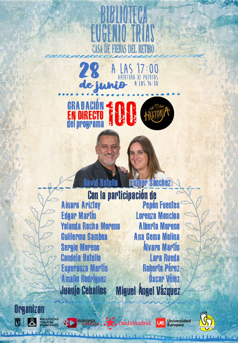 ESTO ES OTRA HISTORIA / ESPECIAL 💯
Estamos de cumple-número-redondo. El martes 28 de junio, hemos quedado a lo grande (casi) todos los que hacemos el programa para grabar dos especiales, dos, en la Biblioteca municipal Eugenio Trías, en la Casa de Fieras del Retiro. Que lo sepas
