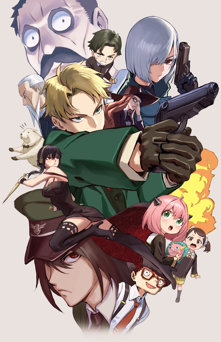 anya (spy x family) ,twilight (spy x family) ,yor briar gun weapon multiple girls female child multiple boys eden academy school uniform holding weapon  illustration images