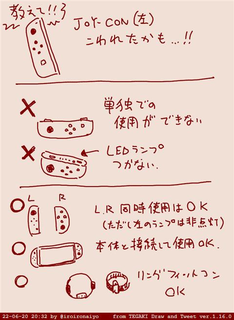 有識者ー!これ故障か教えてくれー!多分故障だと思うんだけど。
・接続ボタンは押した?
→押したが非点灯
・本体再起動は?
→したけどダメ
・接続しなおしは?
Lコン単独では反応しない #tegaki_dt