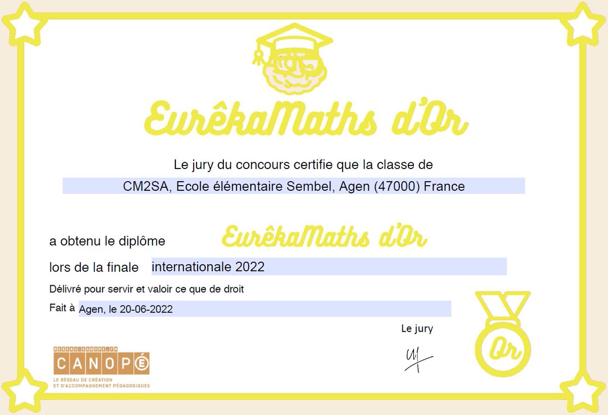 Nous avons réussi le <a href="/DefiEurekaMaths/">EurêkaMaths</a> CM2 2022 avec le score incroyable de 216 points... sur 216 possibles ! 🤩
C'était une super expérience de travail collectif. Bravo aux élèves pour cet Eurêkamaths d'Or! Et un gros merci aux organisateurs.🥳