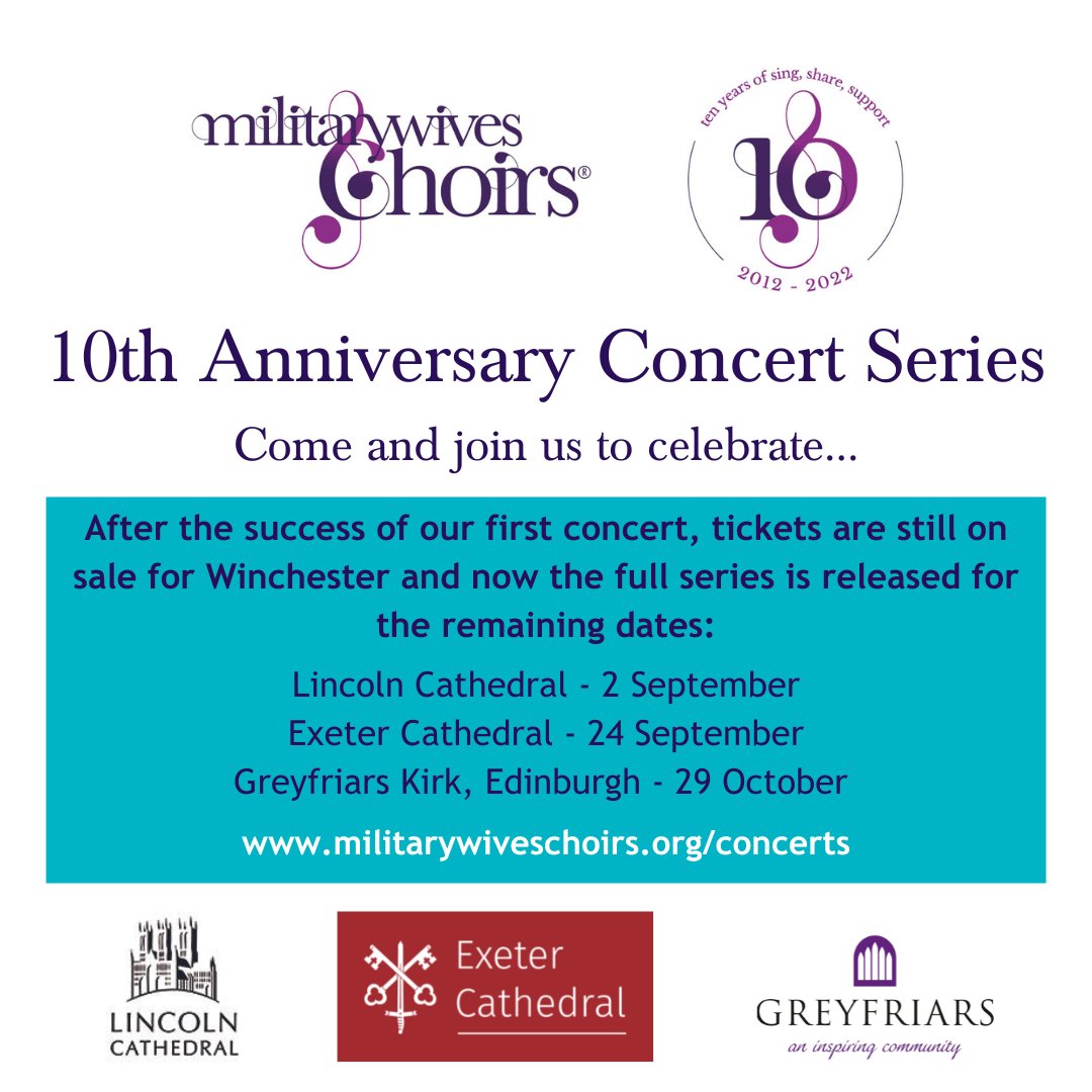 We are thrilled to announce that the tickets have been released for ALL the dates of our 10th Anniversary Concert Series.
After the success of Saturday night, we cannot wait to bring our network together at these concerts across the UK. 
militarywiveschoirs.org/concerts
#MWCis10