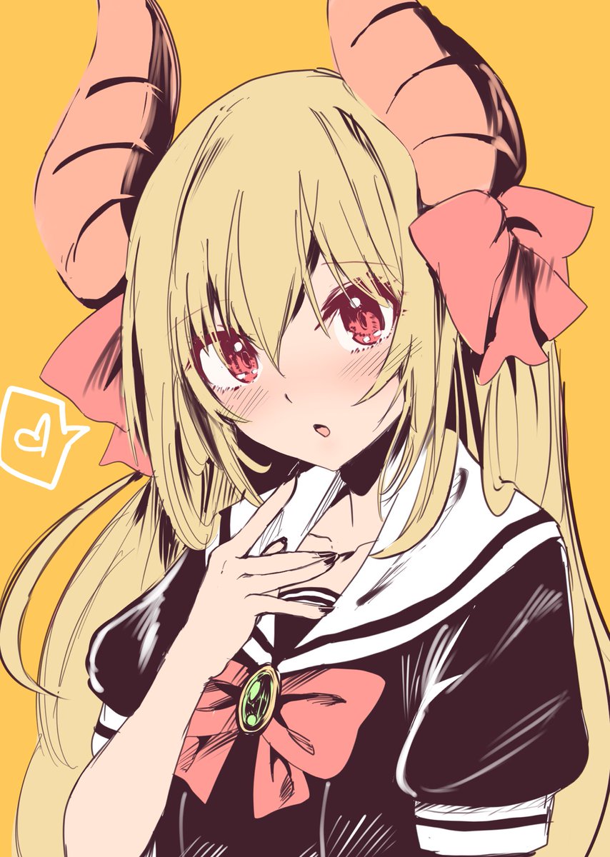 1girl solo horns blonde hair long hair bow red eyes  illustration images