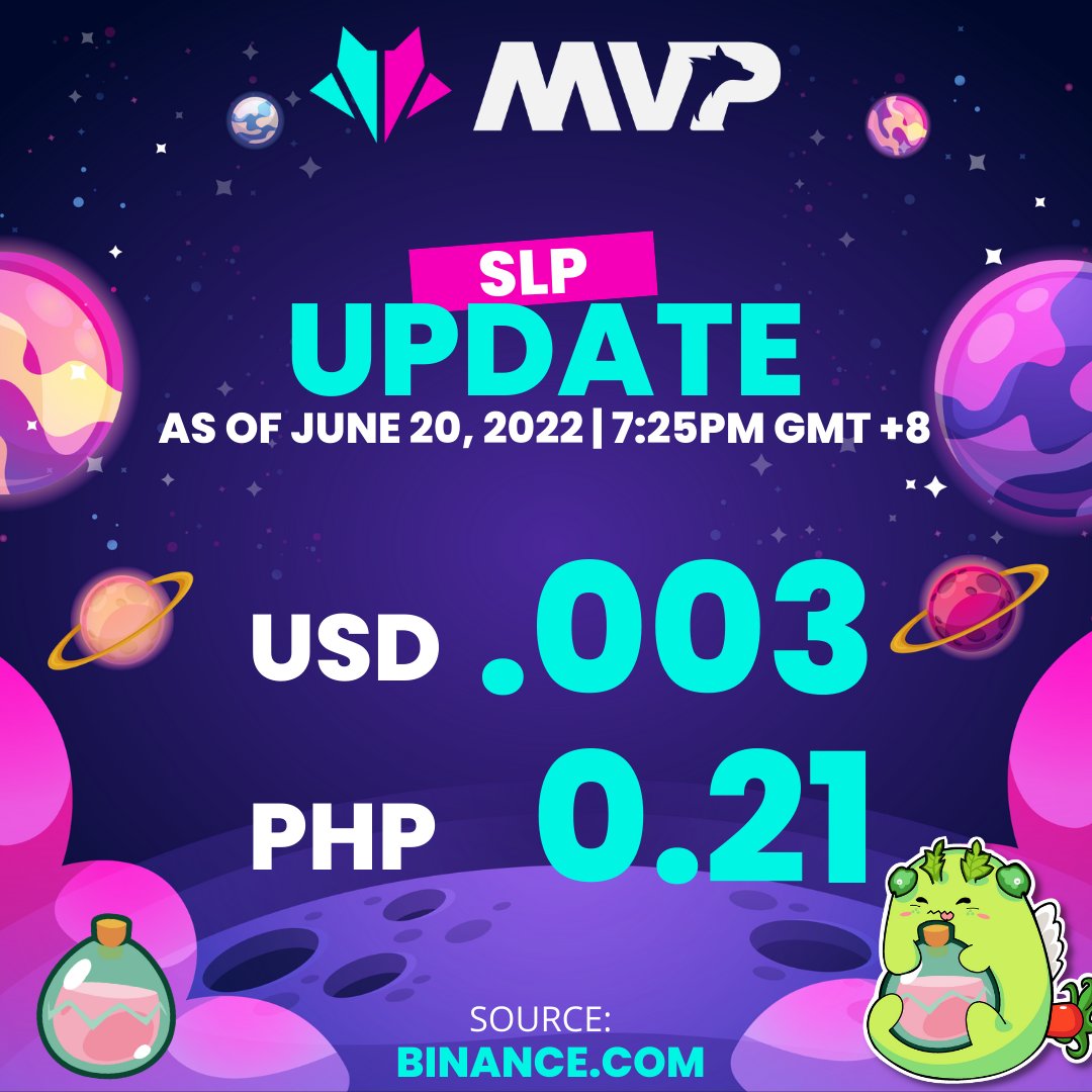 mvpesportsph's tweet photo. Smooth Love Potion (SLP) price update as of June 20, 2022 (7:25PM)

Looking for a Play-to-earn Scholarship?Simply join our discord channel and follow the application process

Website - https://t.co/AGfhwofhBJ
Discord - https://t.co/iuZPgWfnb4

#MVPGaming
#MVPGuildPH
#MVPNews
#SLP https://t.co/C4i6bCS1ns