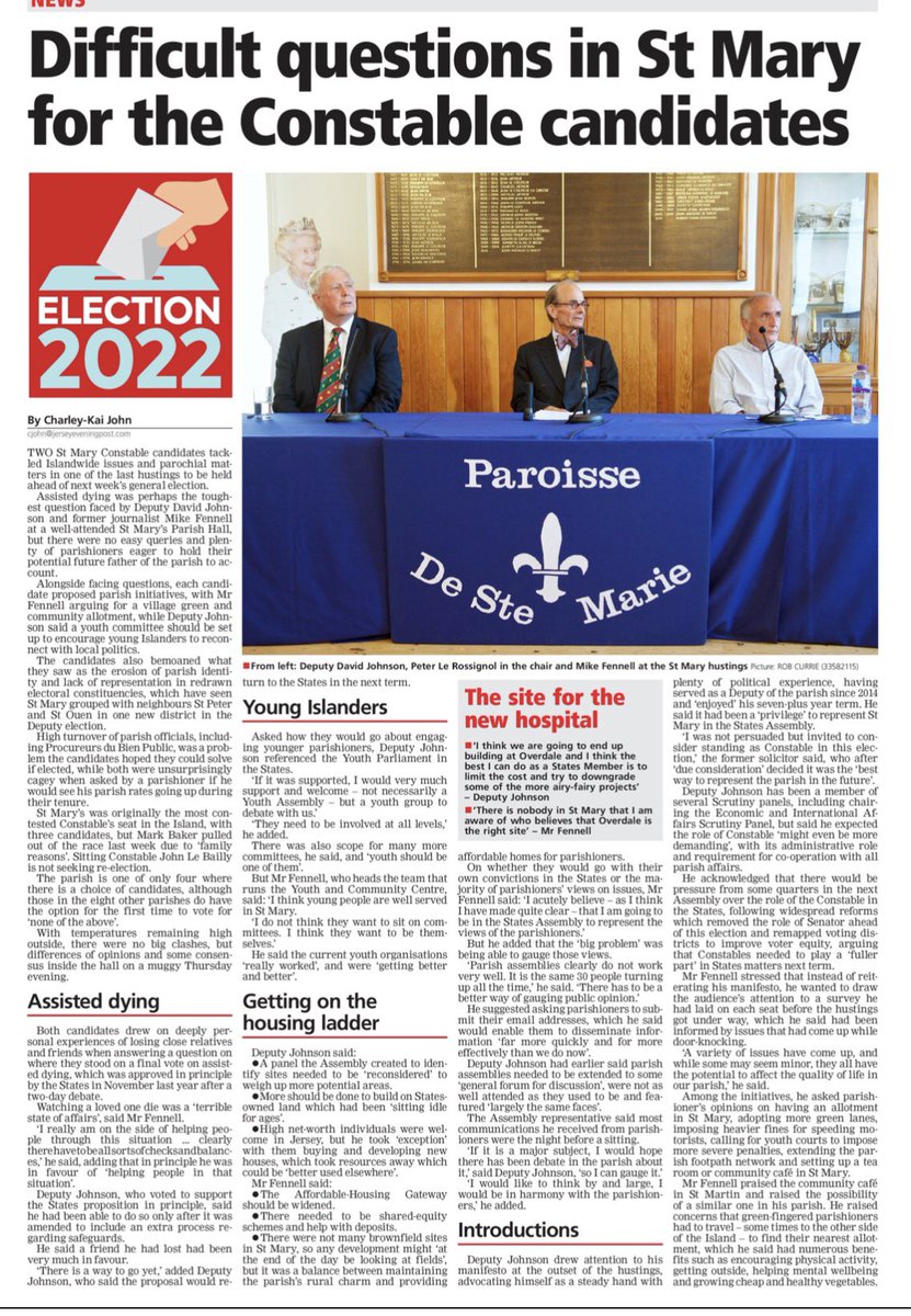 Here’s the <a href="/JEPnews/">jepnews</a> report on the hustings for the Connétable of St Mary, held at the parish hall last week. 
#jsy22 #JerseyElection22