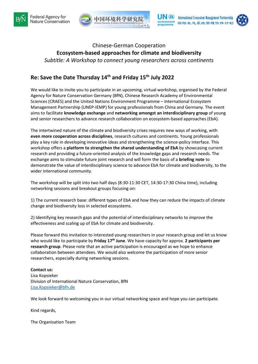 YESS_Network's tweet photo. Are you a young scientist based in Germany working on #Ecosystem-system based approaches #EbA and interested in international cooperation? The German @BfN_de, the Chinese #CRAES and @UNEP #IEMP are organizing an #ECR workshop in July - see below for details and how to register! https://t.co/apcjU152W5