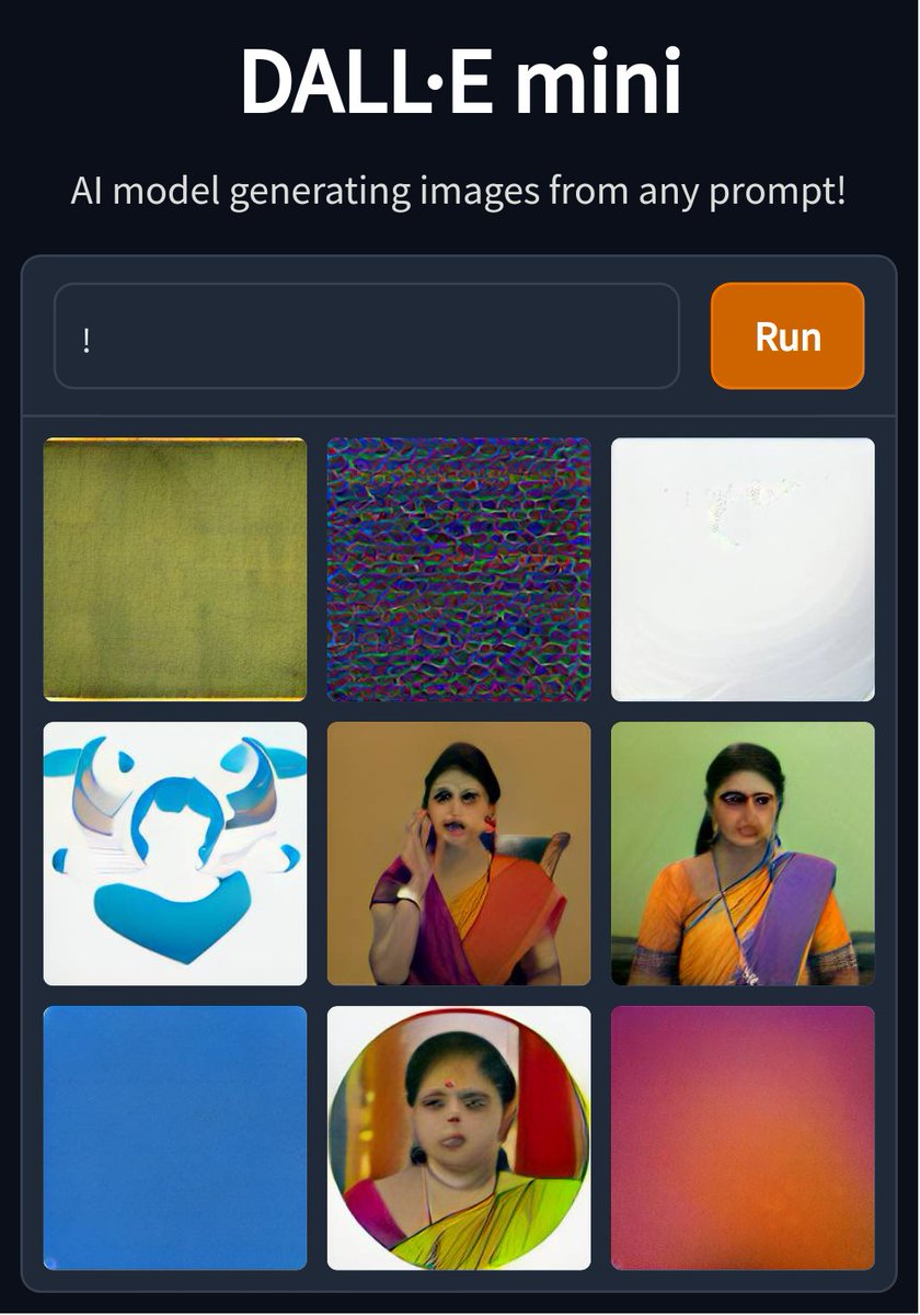 AngusVeitch's tweet photo. Prompting #dallemini with single punctuation marks produces some very cool abstract art. But it also keeps producing the likeness of an Indian woman, or occasionally a man. Weird, right? https://t.co/3HahnPHKxE