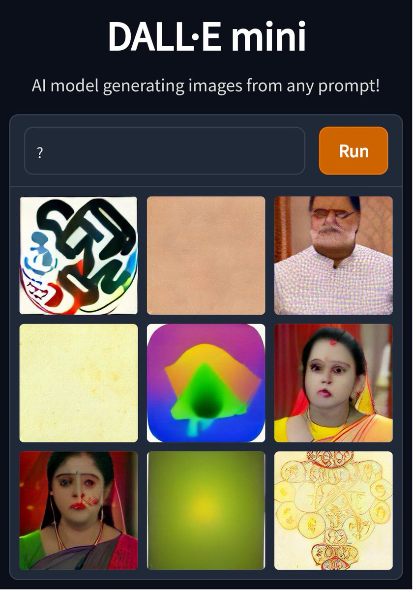 AngusVeitch's tweet photo. Prompting #dallemini with single punctuation marks produces some very cool abstract art. But it also keeps producing the likeness of an Indian woman, or occasionally a man. Weird, right? https://t.co/3HahnPHKxE