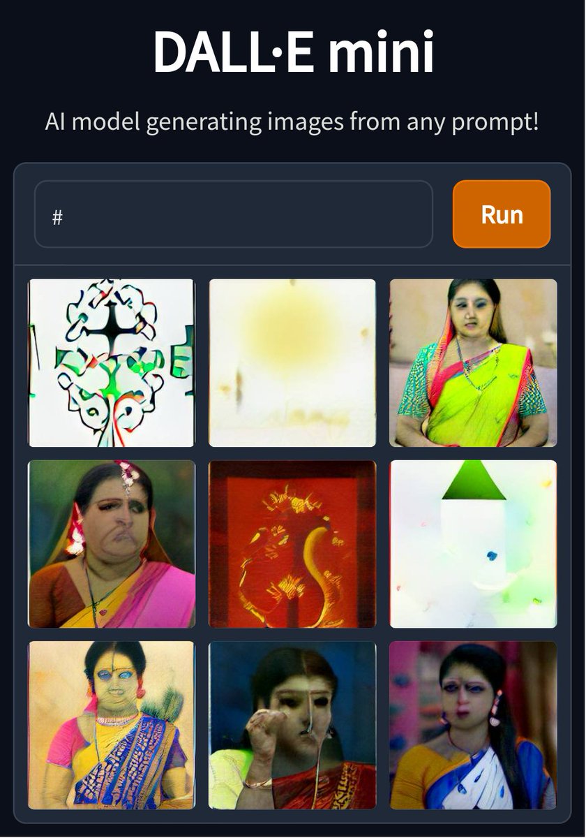 AngusVeitch's tweet photo. Prompting #dallemini with single punctuation marks produces some very cool abstract art. But it also keeps producing the likeness of an Indian woman, or occasionally a man. Weird, right? https://t.co/3HahnPHKxE