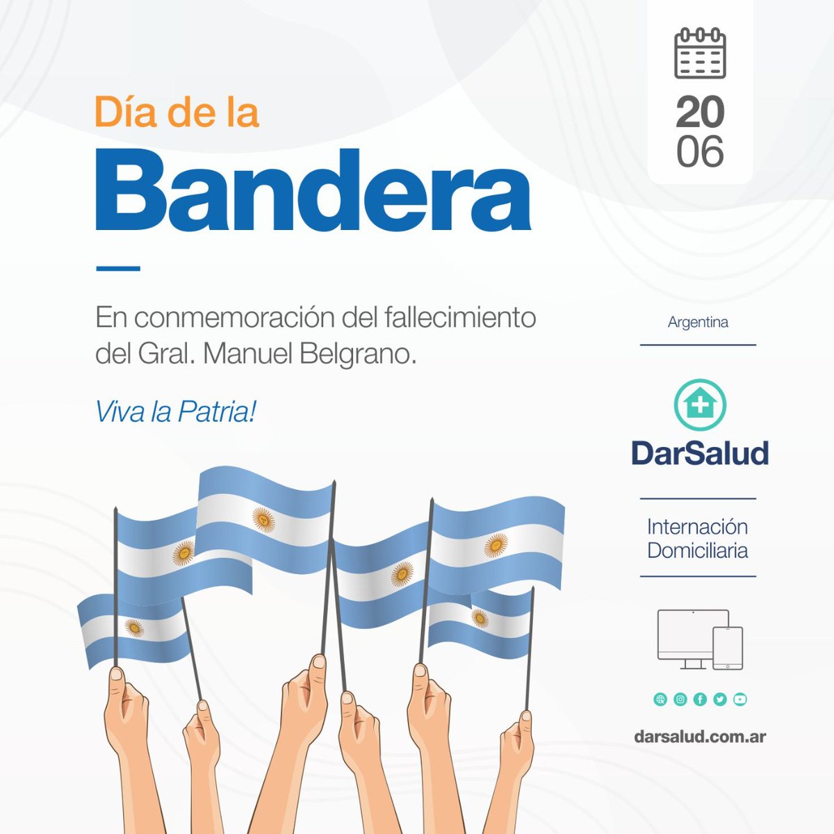 Hoy se conmemora el Día de la Bandera en homenaje a su creador, el General Manuel Belgrano, quien falleció el 20 de junio de 1820. 
Un prócer de ideas y de acción, clave en la Revolución de Mayo, a quien rendimos honor desde Dar Salud.
¡Viva la Patria!🇦🇷