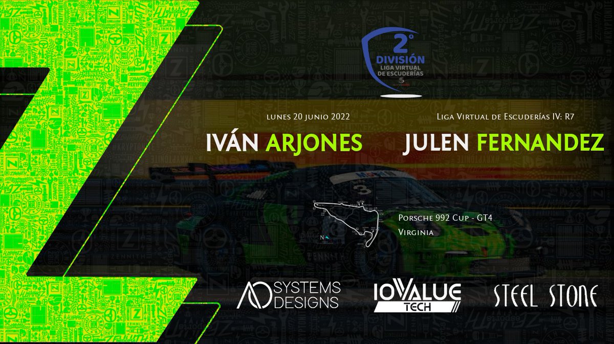 ZennithEsports's tweet photo. 🥈 Carrera 7/7 de la #SimSeriesLVE de @DriversparadeCb🥈

🔥 El CAMPEÓN se decide HOY 🔥

🟢 @Pavero88 y @JulenFer21 lucharán por conseguir el campeonato en una combinación digna para no cardíacos 🟢

🇺🇸 Virginia
🏎️ 911 Cup - GT4
🕙 22:00
📺 https://t.co/MGuuyRUPYG https://t.co/fKa6K0XRdq