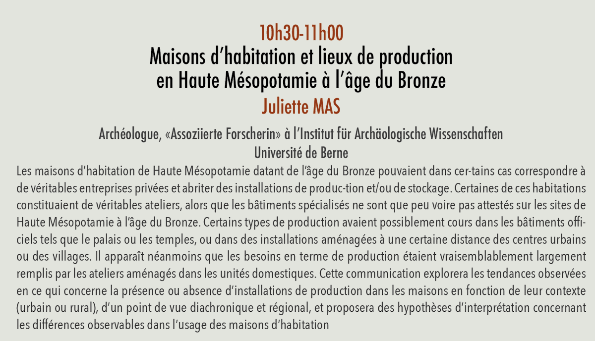 laboCoHabiter's tweet photo. @TanguyDufournet @CentreMaxWeber Dans un deuxième temps, à 10h30, Juliette Mas archéologue et chercheuse associée à l'@unibern, nous présenteras une communication intitulée : "Maisons d’habitation et lieux de production en Haute Mésopotamie à l’âge du Bronze" https://t.co/zJUhewVnkt