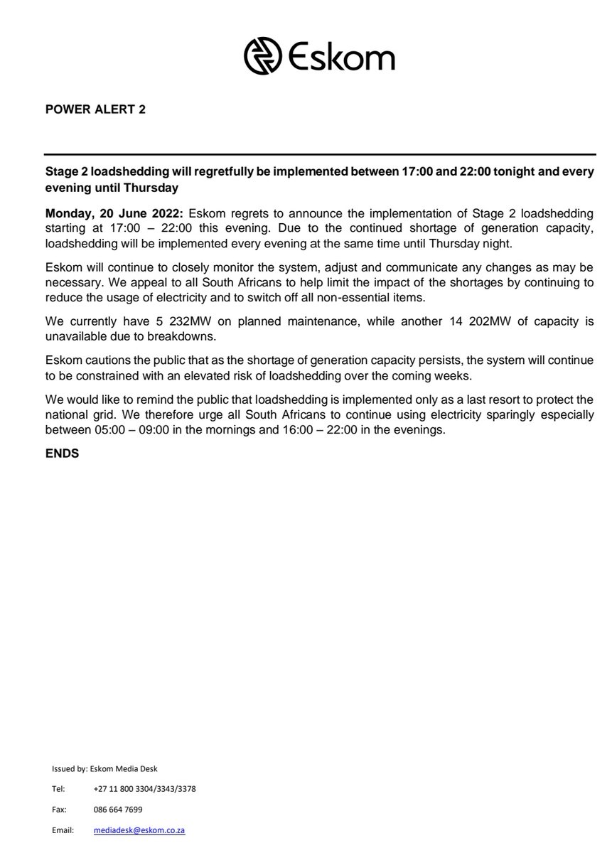 Eskom_SA's tweet photo. #PowerAlert2
Stage 2 loadshedding will regretfully be implemented between 17:00 and 22:00 tonight and every evening until Thursday
@SABCNews @eNCA @Newzroom405 @ewnreporter @News24 @IOL https://t.co/NekFUuYsso