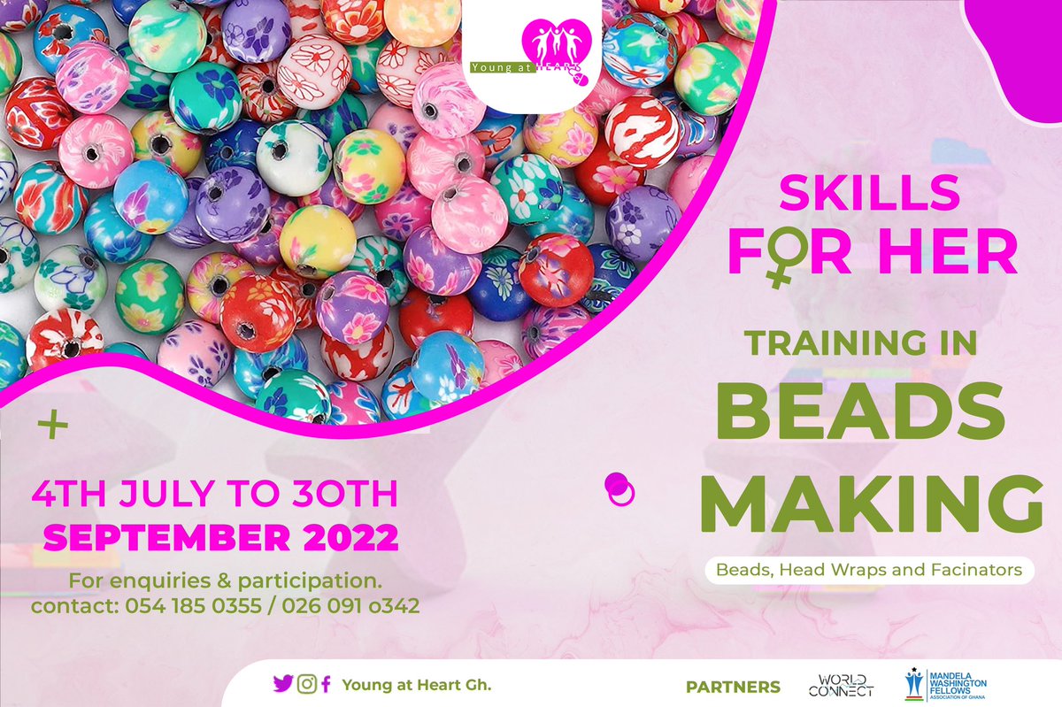 youngatheartgh's tweet photo. Sign up to participate in cohort 3 of our #SkillsForHer program! 

Virtual training engagement for this cohort covers bead making, head wraps and fascinators! 

Register here to Skill Up! - https://t.co/x2TYtIc7va https://t.co/avxyTiqGR3