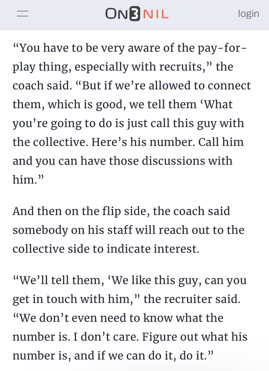 heitner's tweet image. “We don’t even need to know what the number is. I don’t care. Figure out what his number is, and if we can do it, do it.”

How anyone at a school believes this is a workaround to the NCAA’s #NIL inducement prohibition is beyond me.

I guess it doesn’t matter until it does.